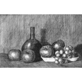 Botella redonda, manzanas y uvas